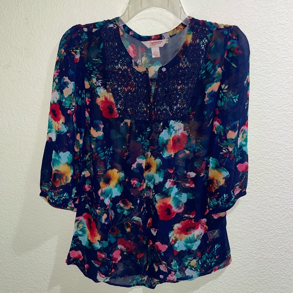 NWT 3/4 sleeve navy and multicolored floral sheer peasant blouse